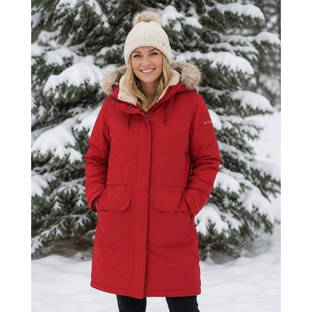 Columbia Coat Womens Med Omni Heat Mid length Full-zip Hooded Duck Down Red